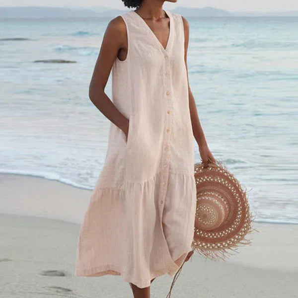 Levoire | Robe Sans Manches À Bouton Avec Décolleté En V Robe De Plage Beige