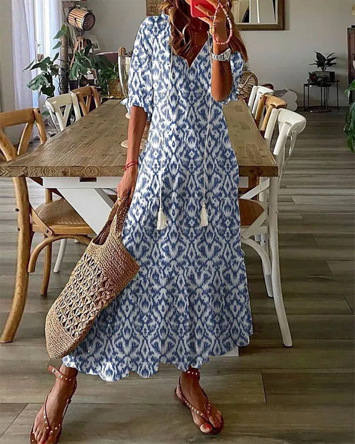Levoire | Robe longue à col en V imprimée Bleu