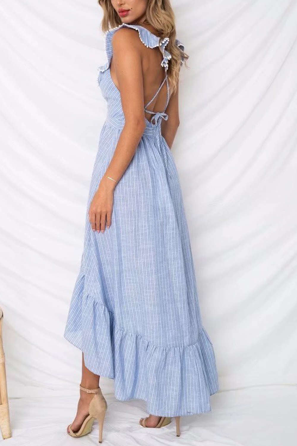 Levoire | Robe sans manches à volants à décolleté en V profond rayée
