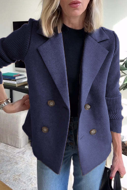 Levoire | Élégant Blazer À Carreaux Doubles Avec Manches En Tricot Pour Femmes Bleu