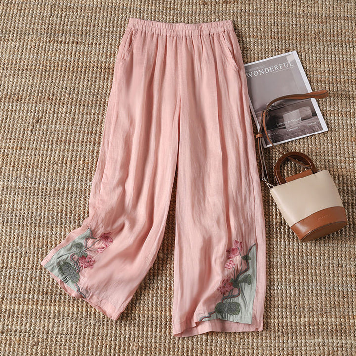 Levoire | Pantalon Décontracté Avec Des Fleurs Brodées Rose