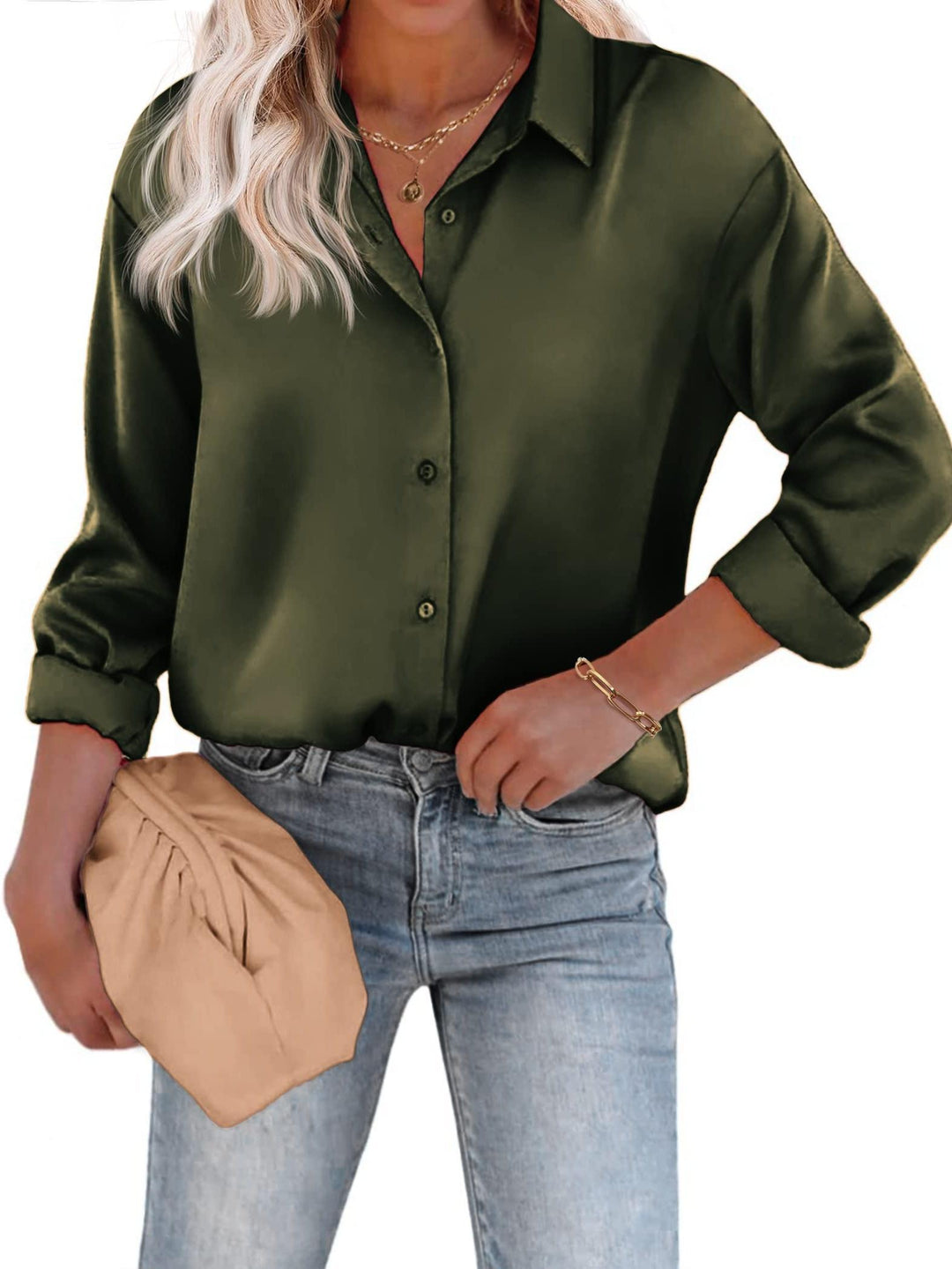 Levoire | Top Satin Décontracté Avec Bouton Et Manches Longues olive vert