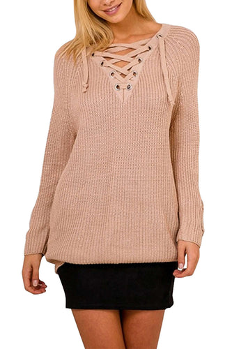 Levoire | Femmes Lacets Vue avant Encolure en V Manches longues Pull en tricot Top