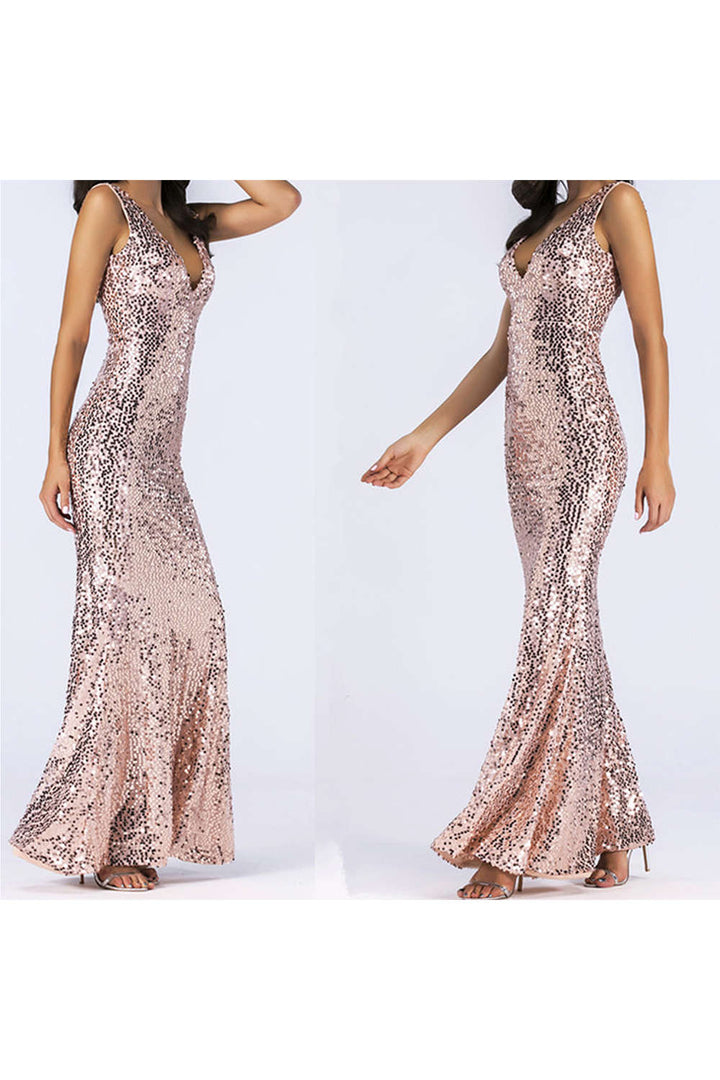 Levoire | Robe de soirée à paillettes dorées en V profond