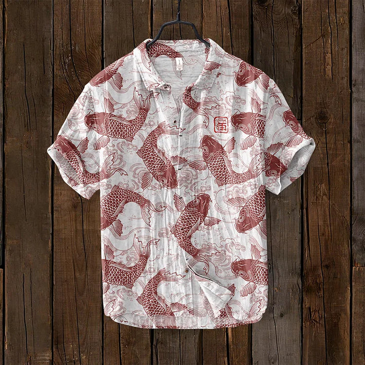 Levoire | Chemise En Mélange De Lin Vintage Fisch Art Japonais Rot