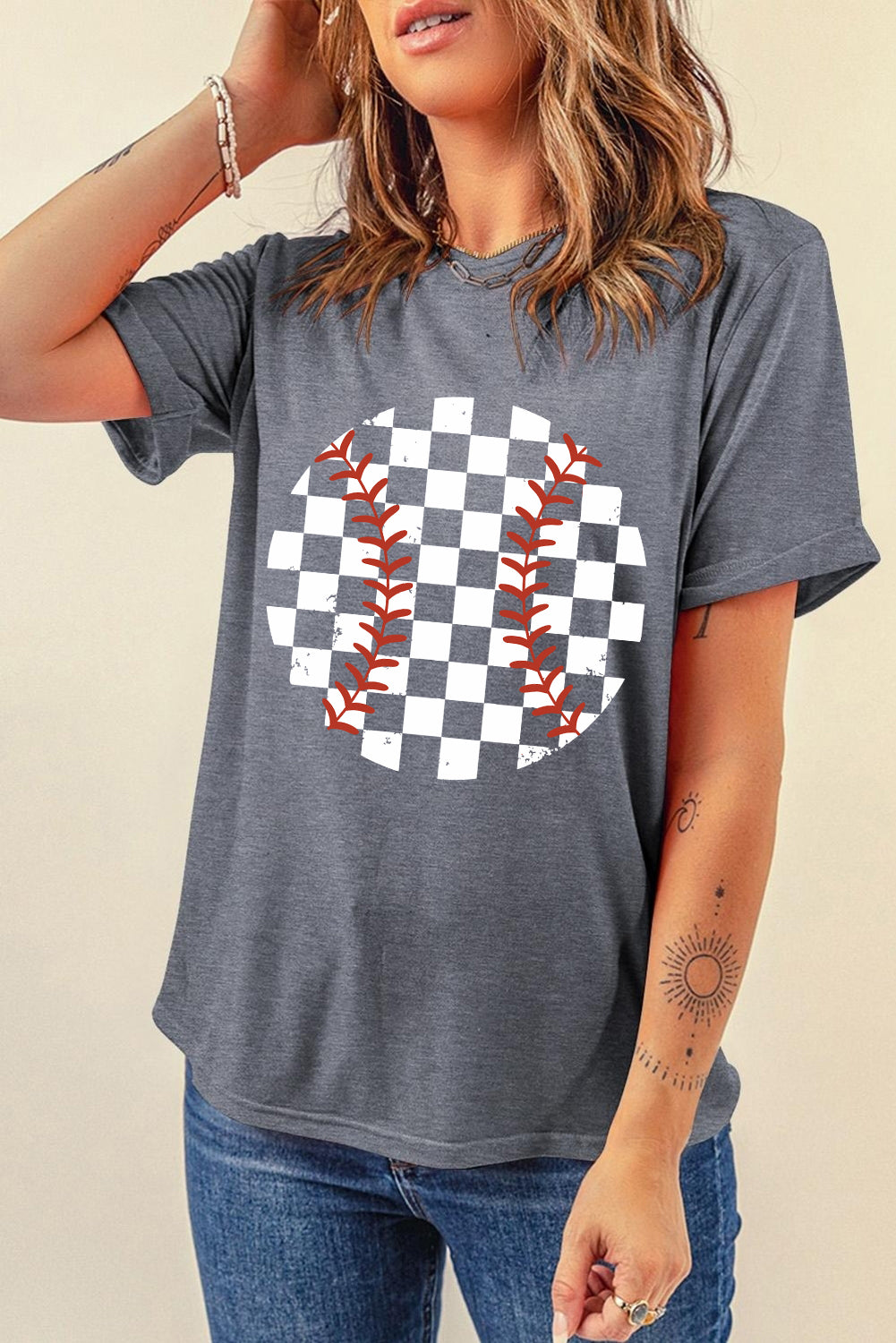 Levoire | Carreaux Graphiques Col Rond T-shirt à Manches Courtes Gris foncé