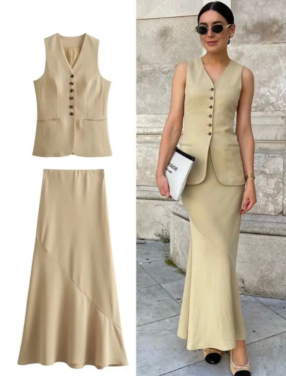 Levoire | Ensemble Femme Deux Pièces Avec Gilet Et Jupe En Beige