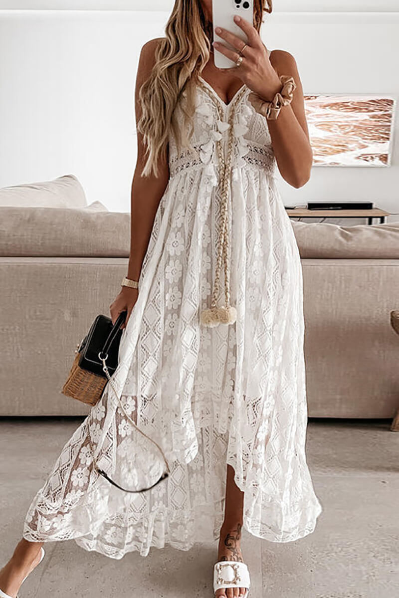 Levoire | Robe Midi Saumon Avec Dentelle Et Volants Blanc