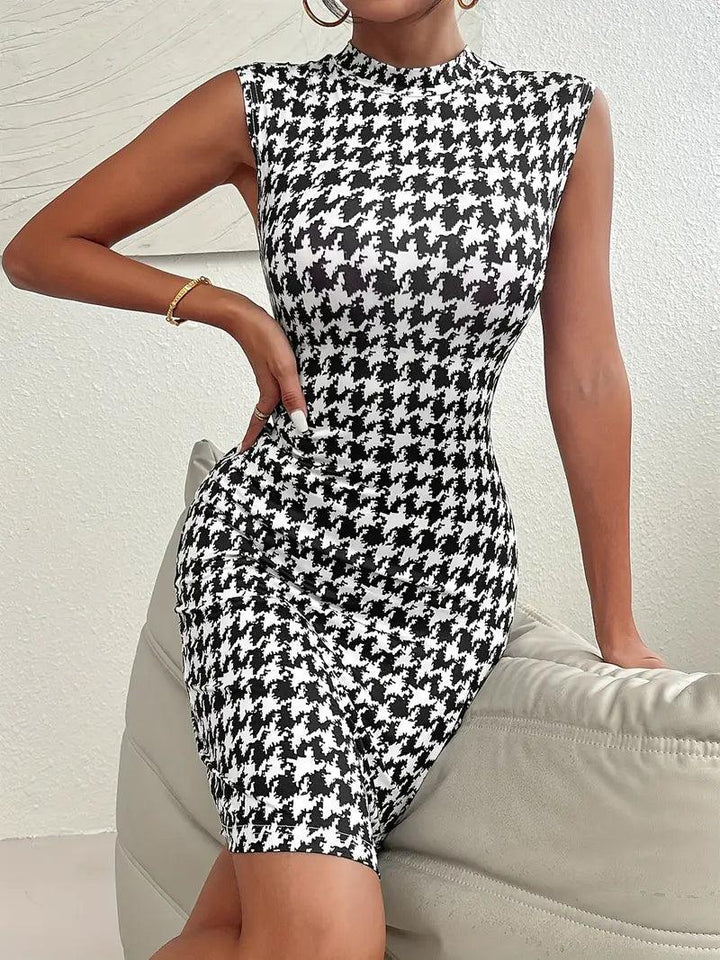 Levoire | Chic Pied-De-Poule Slim Fit Col Montant Robe