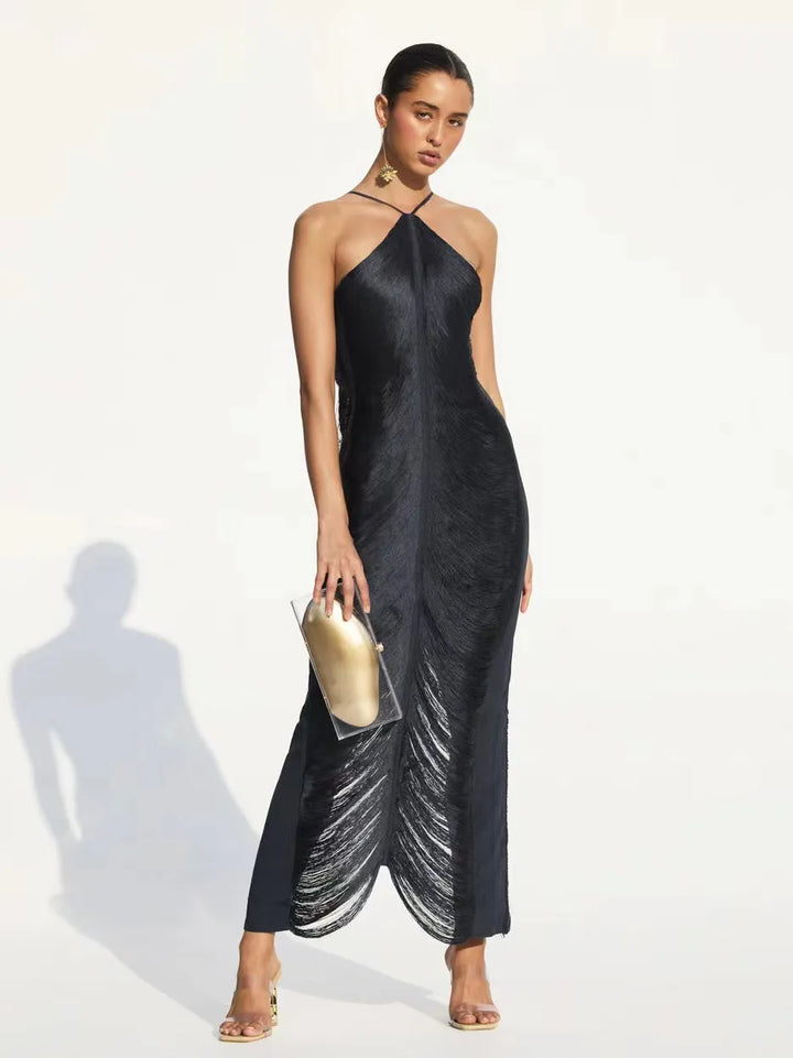 Levoire | Robe À Franges À Manches Longues Élégante Robe D'Été Pour Femmes Noir