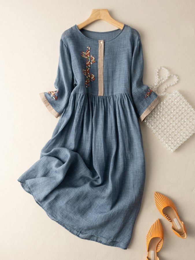 Levoire | Robe Brodée En Coton Et Lin Bleu