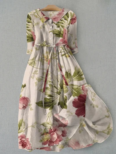 Levoire | Robe de Bal à Manches Longues avec Imprimé Floral Beige