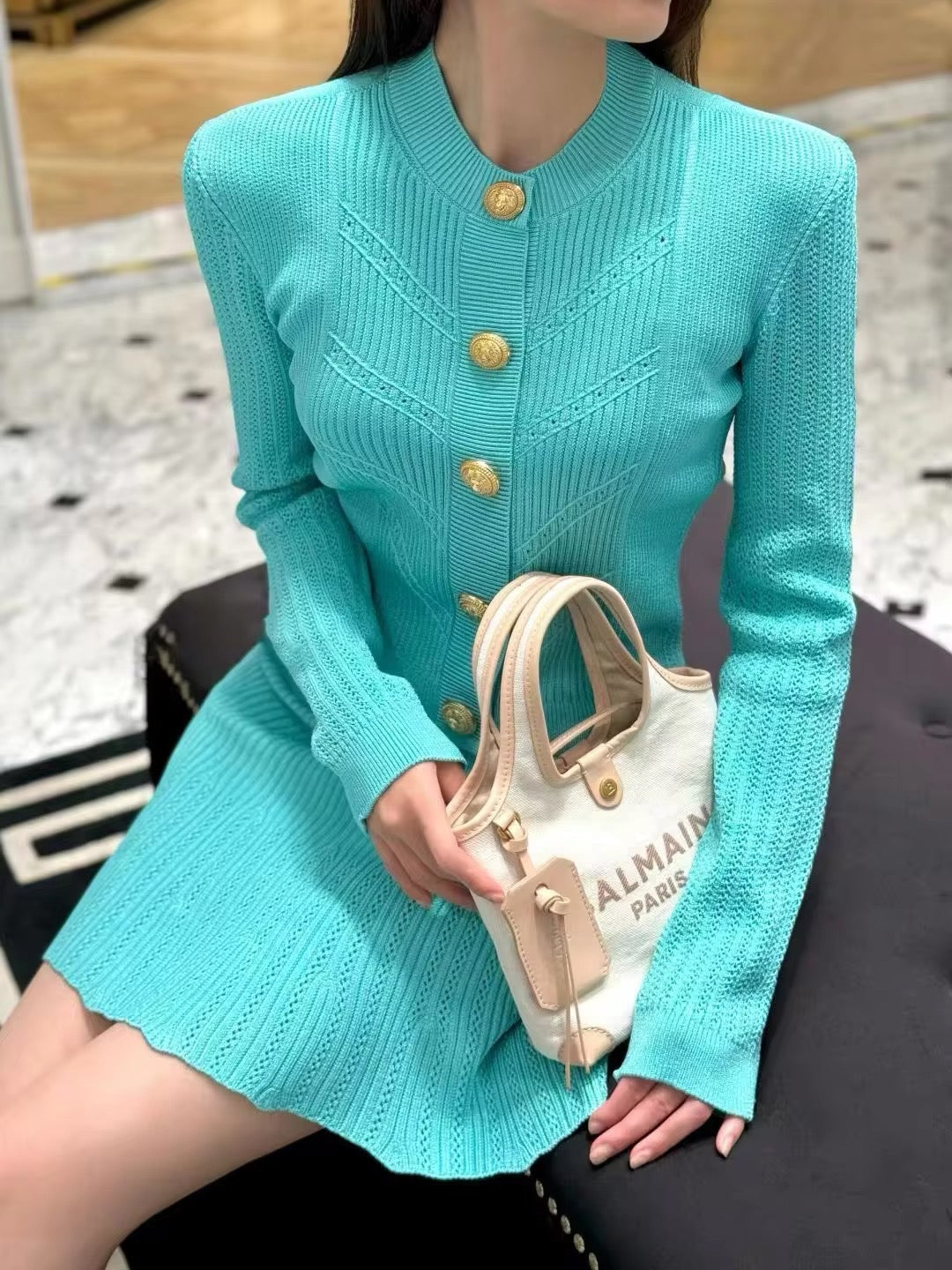 Levoire | Ensemble En Tricot Deux Pièces Avec Des Boutons Dorés Turquoise