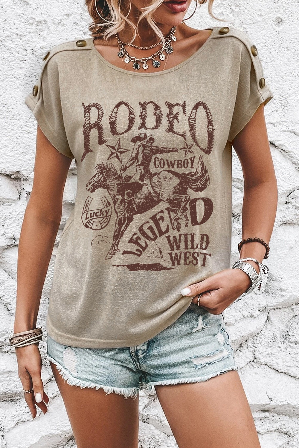 Levoire | Graphique de bouton décoratif T-shirt à col rond à manches courtes Kaki