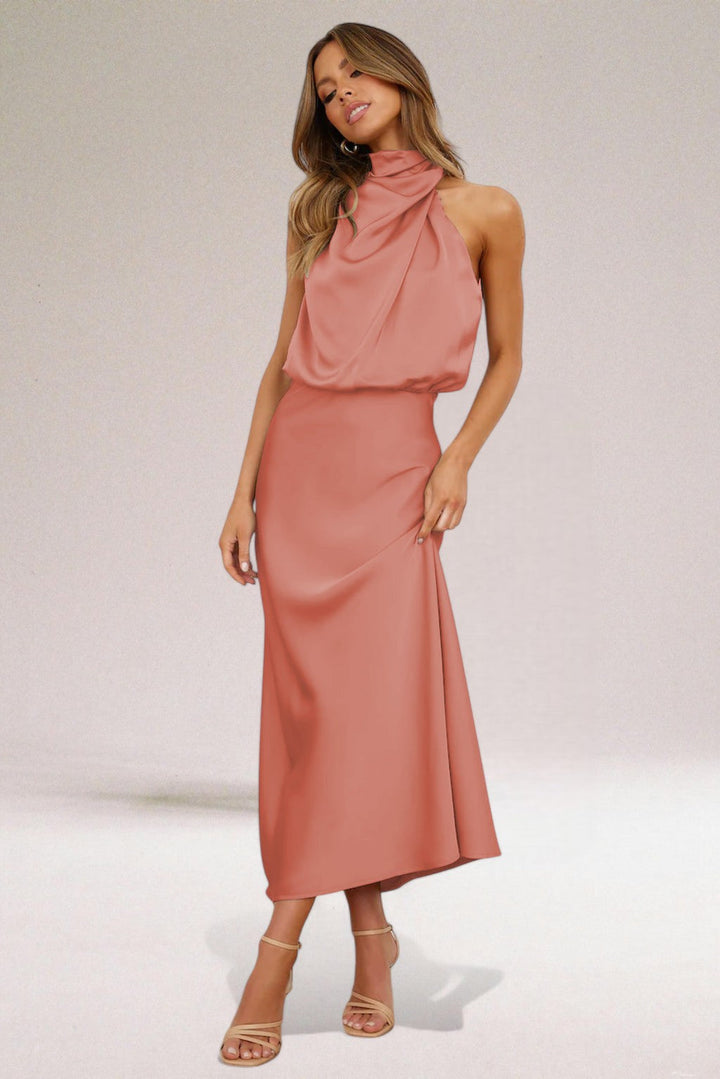 Levoire | Élégant Robe Maxi Halter En Satin Pour Femmes Rosa