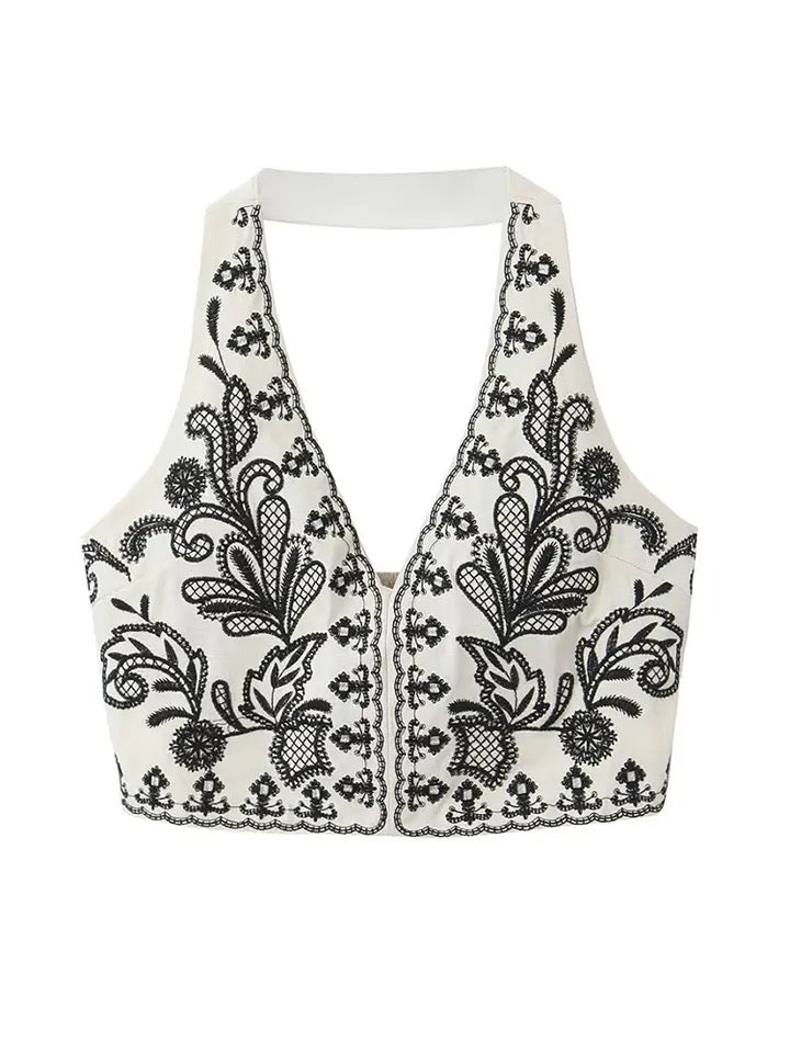 Levoire | Élégant Ensemble De Crop Top Et Jupe Brodé Noir Et Blanc