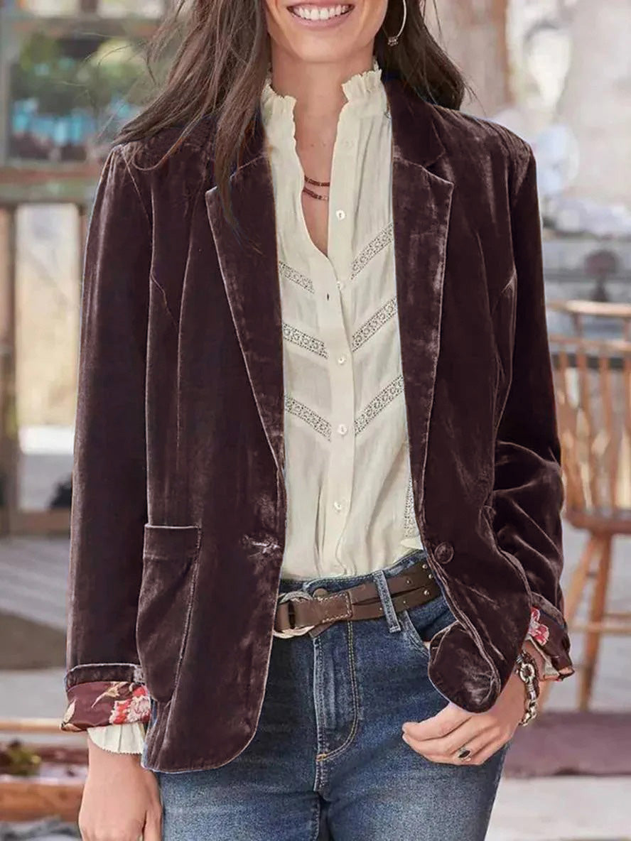 Levoire | Blazer Velours Vintage Boutons Poches Col Revers Femme Vêtements De Loisirs Khaki