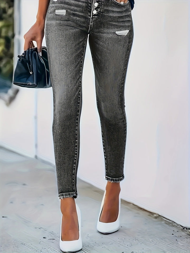 Levoire | Pantalon Skinny Déchiré Avec Base À Franges Et Motifs Combinés