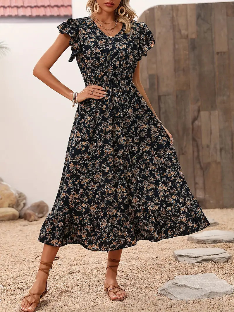 Levoire | Robe Florale Avec Décolleté En V Et Élégantes Manches À Volants