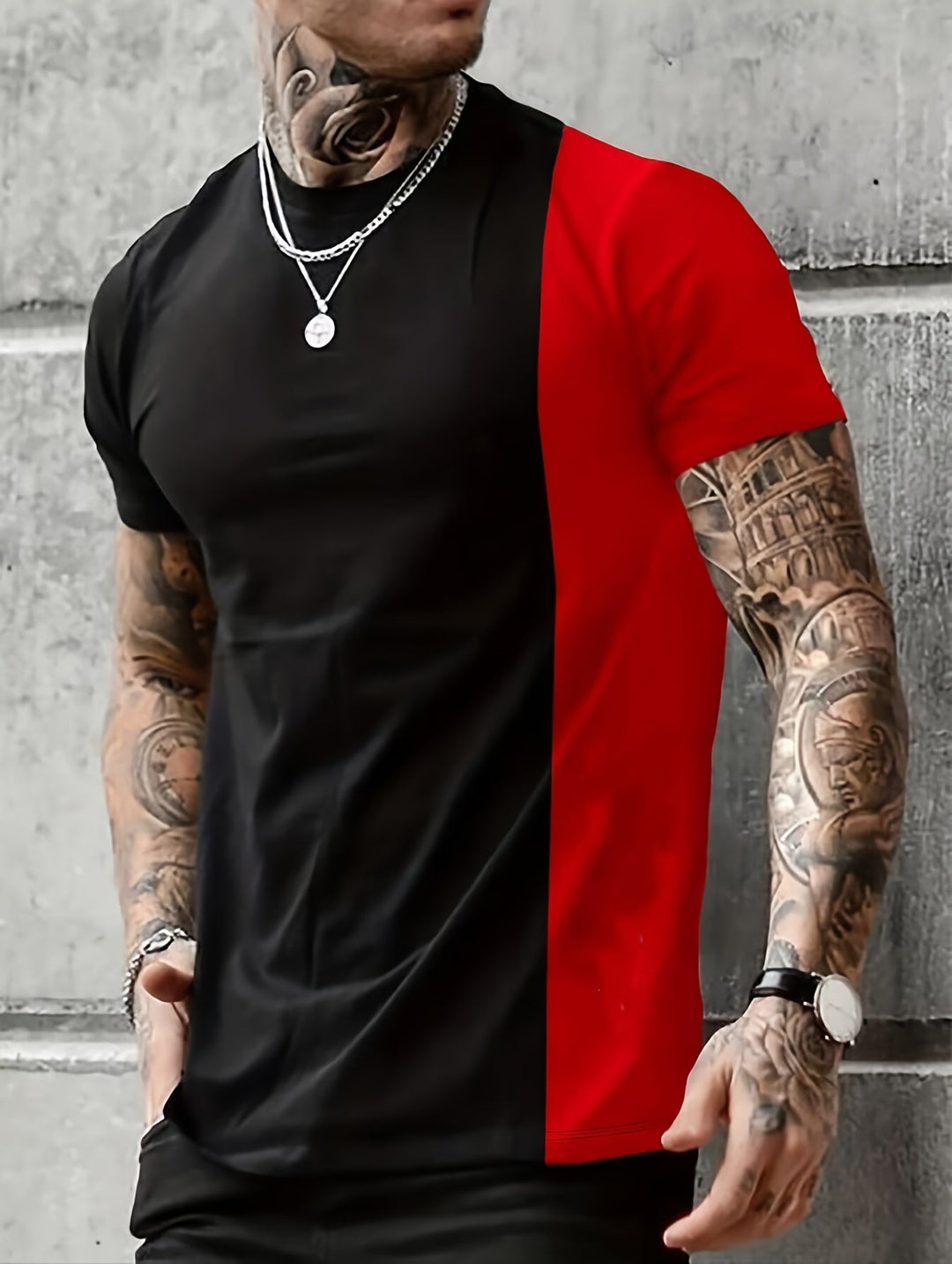 Levoire | T-Shirt Pour Hommes Avec Patchwork En Couleurs Contrastées Et Impression Noir rouge