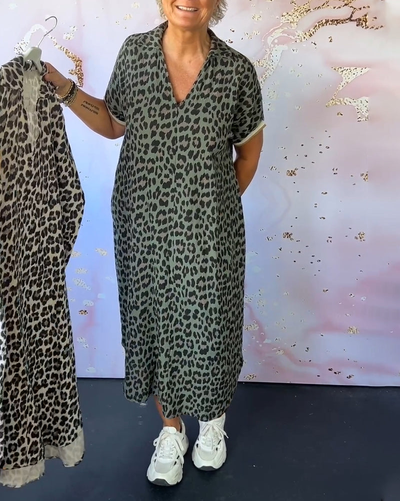 Levoire | Robe À Imprimé Léopard À Décolleté En V Avec Manches Courtes Vert