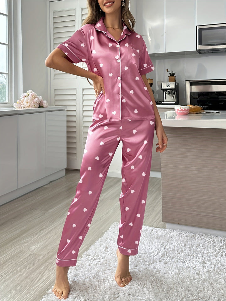 Levoire | Pyjama En Satin Série À Manches Courtes Et Avec Des Pantalons Élastiques Rose pâle+blanc