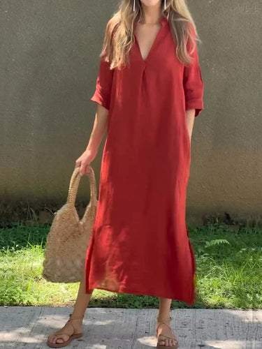Levoire | Robe en lin à col en V de couleur unie pour femme, avec poche et col en V