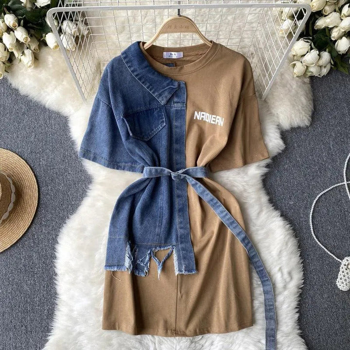 Levoire | Robe en denim patchwork à encolure ronde Café Une taille