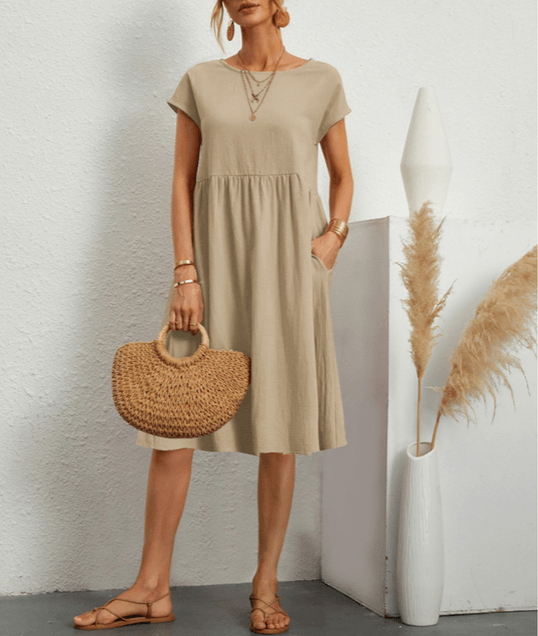 Levoire | Coton Lin Robe Midi À Manches Courtes Khaki