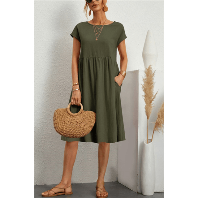 Levoire | Coton Lin Robe Midi À Manches Courtes Vert