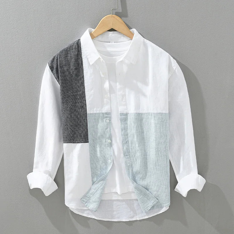 Levoire | Chemise En Lin Patchwork Elegant Hommes Blanc