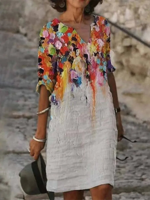 Levoire | Robe Femme En Coton Et Lin Avec Décolleté Et Impression Peinture