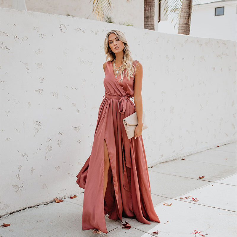 Levoire | Robe longue à la mode sans manches avec col exquis Rose