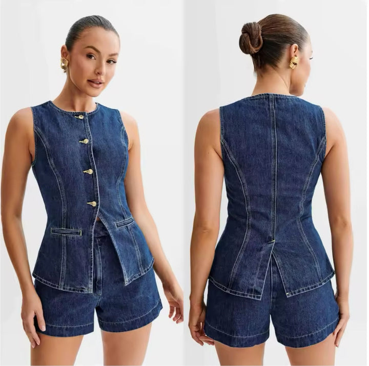 Levoire | Denim Elegance Ensemble Blazer Sans Manches Avec Shorts