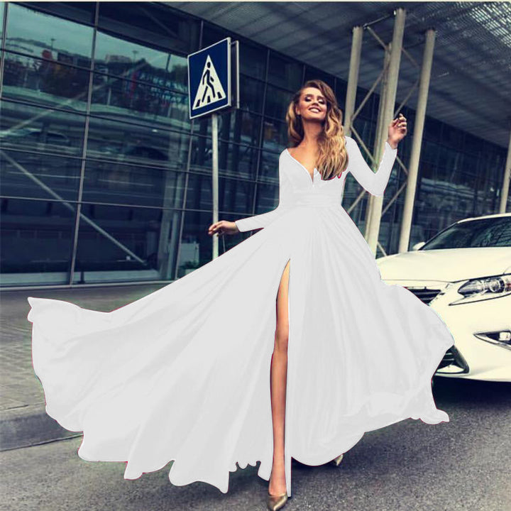 Levoire | Robe Longue à Manches Longues V Profonde Attrayante Blanc