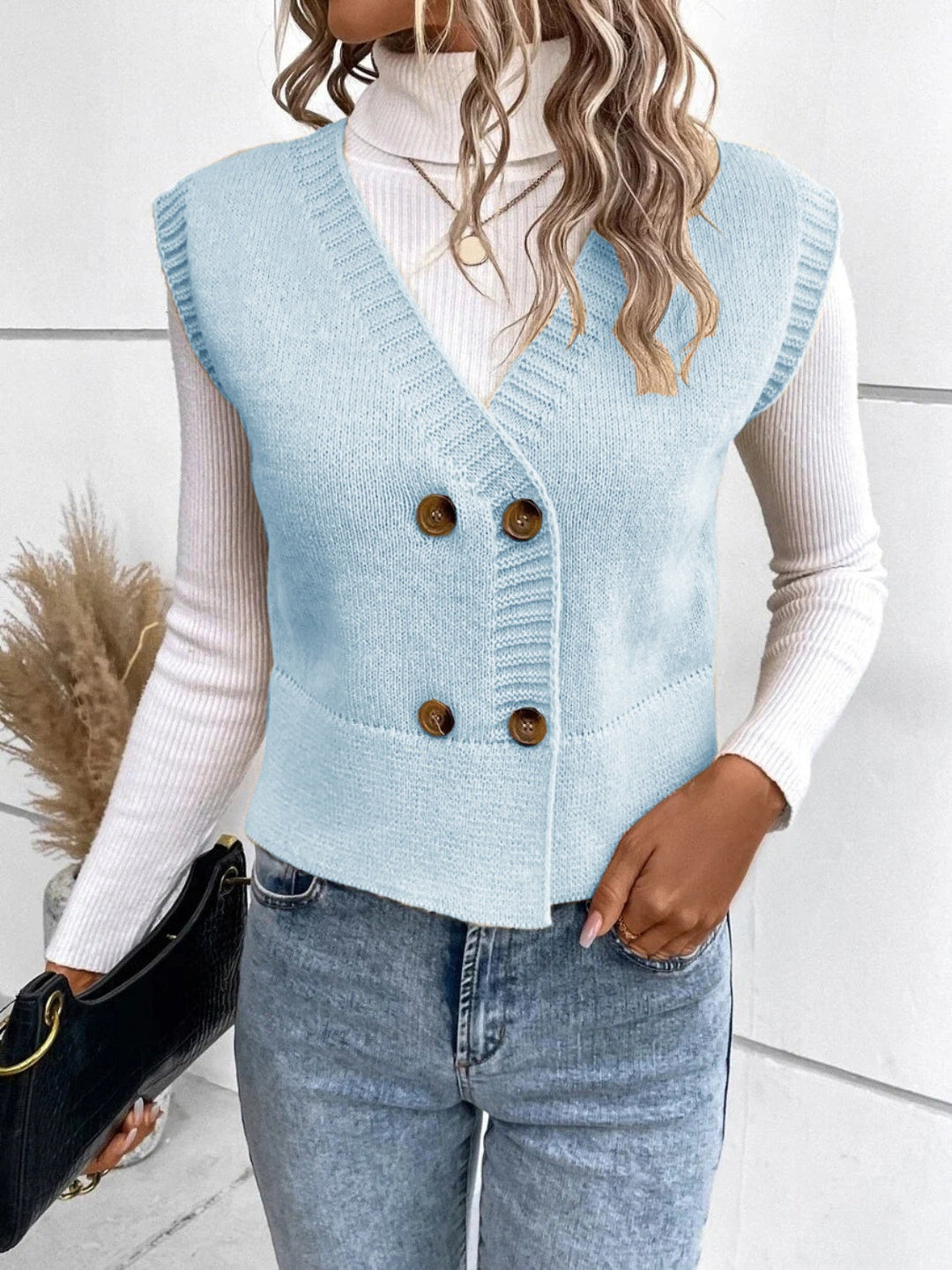 Levoire | Pull Sans Manches Confortable En Tricot Col V Avec Boutons Bleu clair