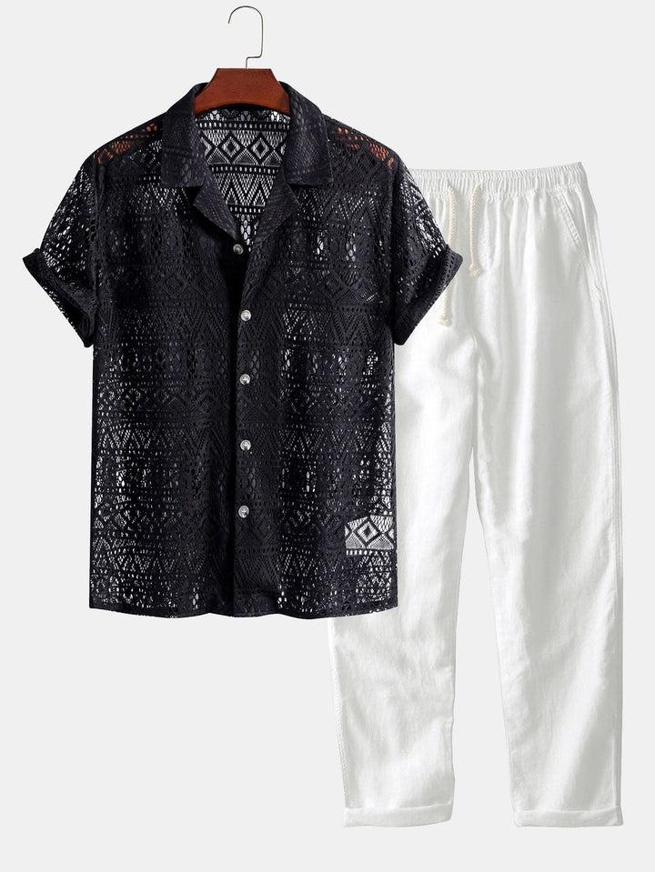 Levoire | Chemise Cubaine Texturée À Géométrie Des Manches & Pantalon En Lin À Jambes Droites noir et blanc