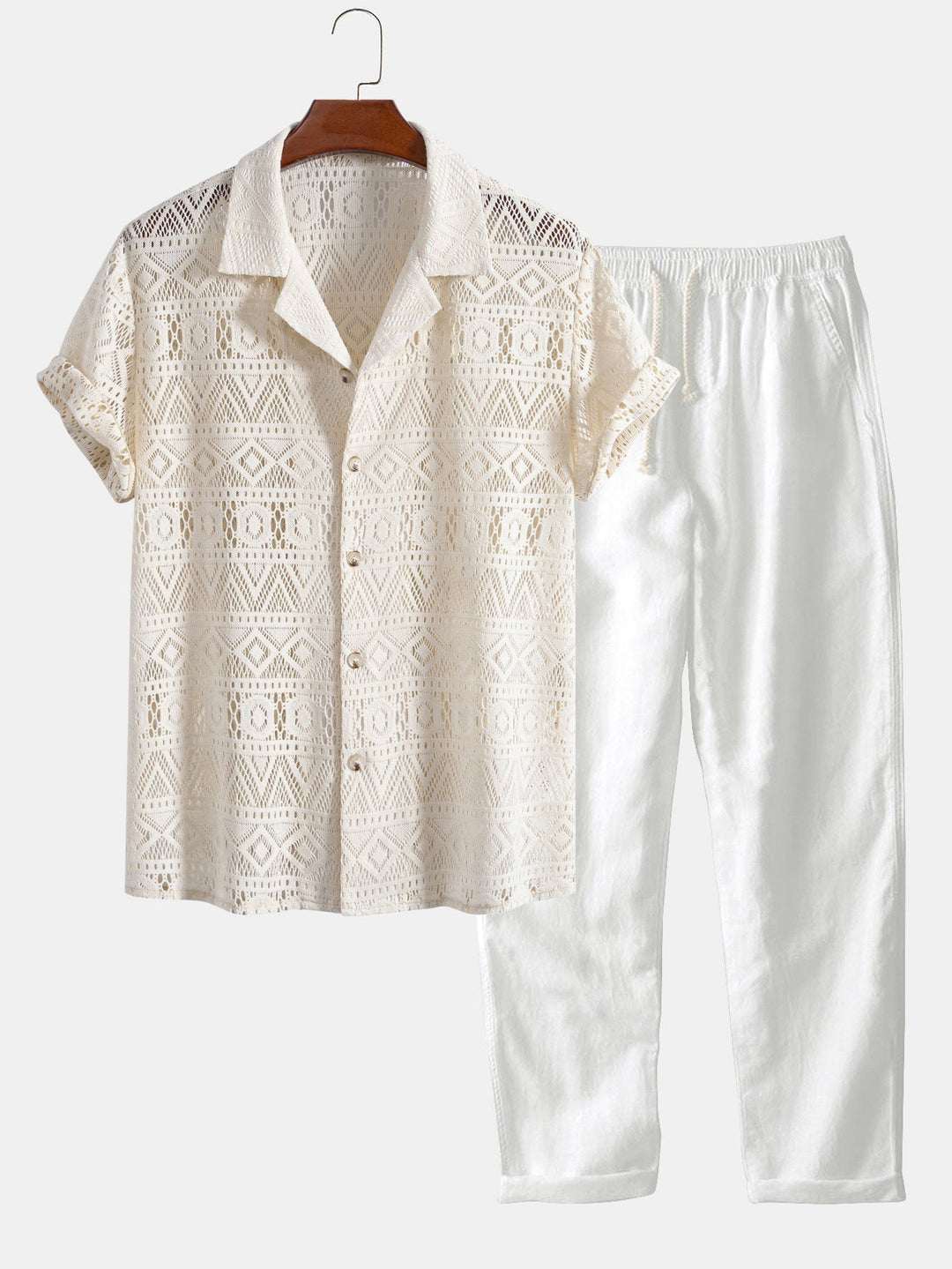 Levoire | Chemise Cubaine Texturée À Géométrie Des Manches & Pantalon En Lin À Jambes Droites beige et blanc