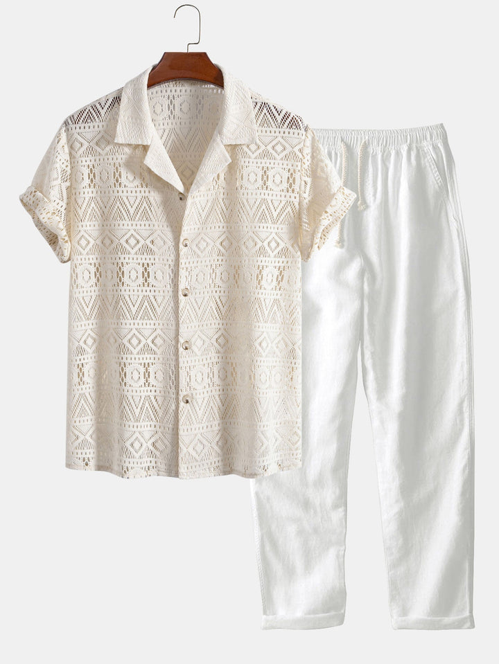 Levoire | Chemise Cubaine Texturée À Géométrie Des Manches & Pantalon En Lin À Jambes Droites beige et blanc