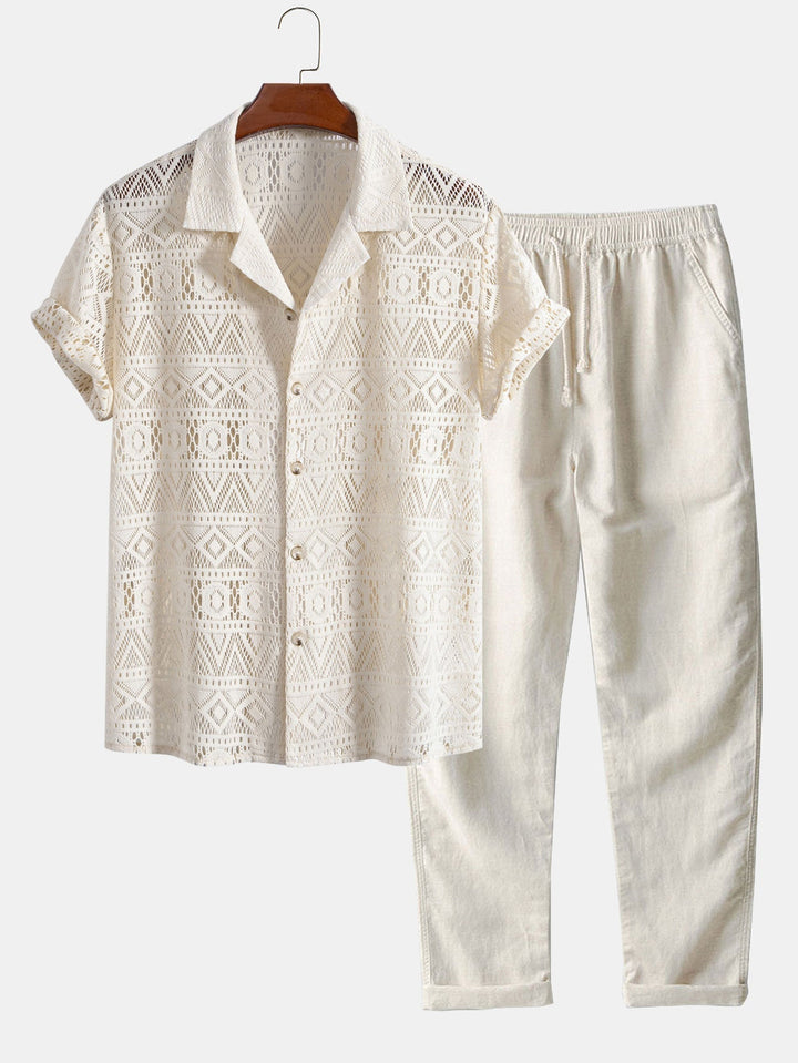 Levoire | Chemise Cubaine Texturée À Géométrie Des Manches & Pantalon En Lin À Jambes Droites beige - Épuisé