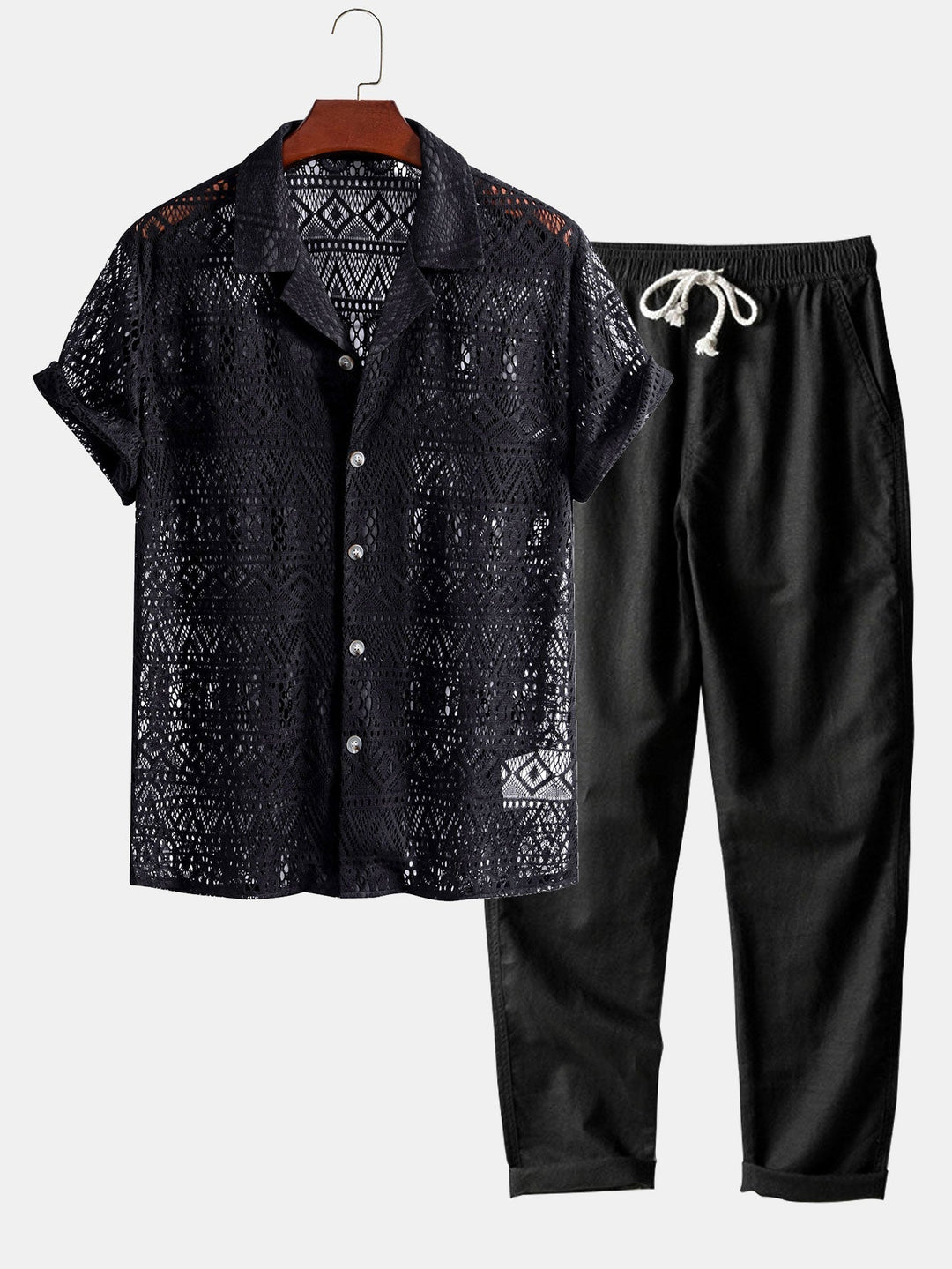 Levoire | Chemise Cubaine Texturée À Géométrie Des Manches & Pantalon En Lin À Jambes Droites noirs - Épuisé