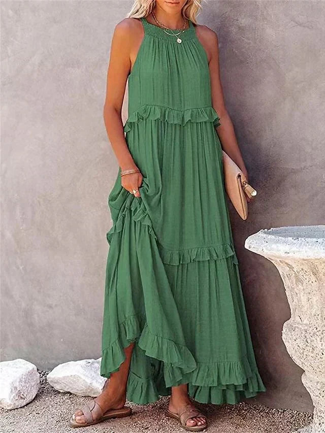 Levoire | Elegant Dress With Feminine Ruffles And Patterns Vert