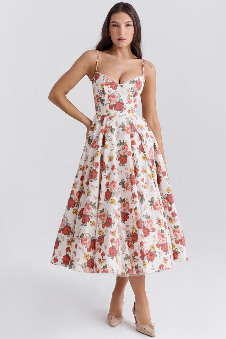 Levoire | Belle robe mi-longue ajustée à la taille Imprimé floral blanc