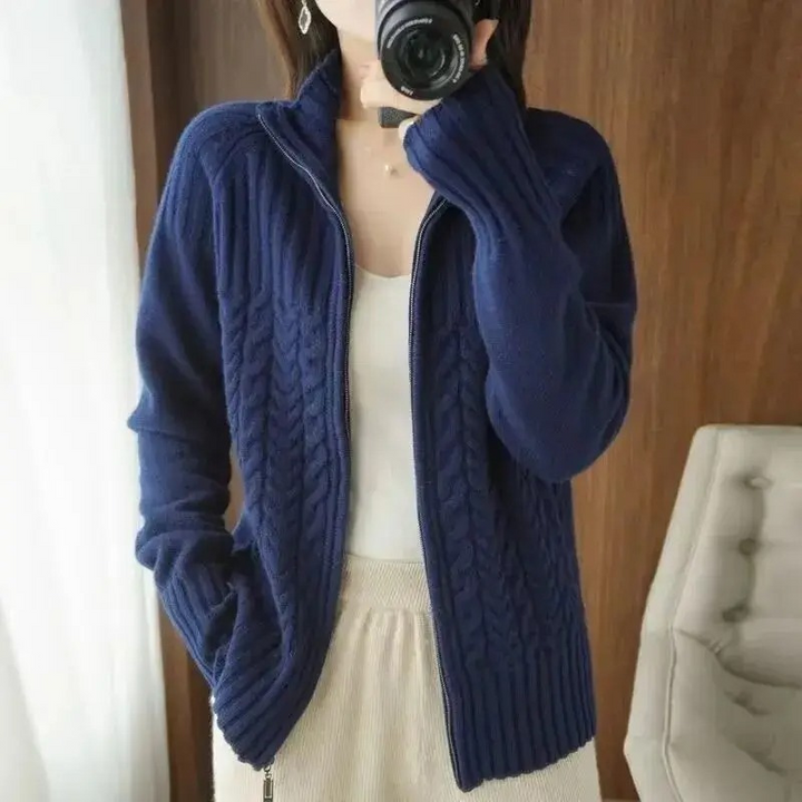 Levoire | Gilet Femme avec Fermeture Éclair et Textures en Câble Bleu foncé
