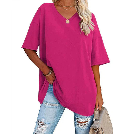 Levoire | T-Shirt Décontracté À Col En V Surdimensionné Pour Femmes Rose foncé