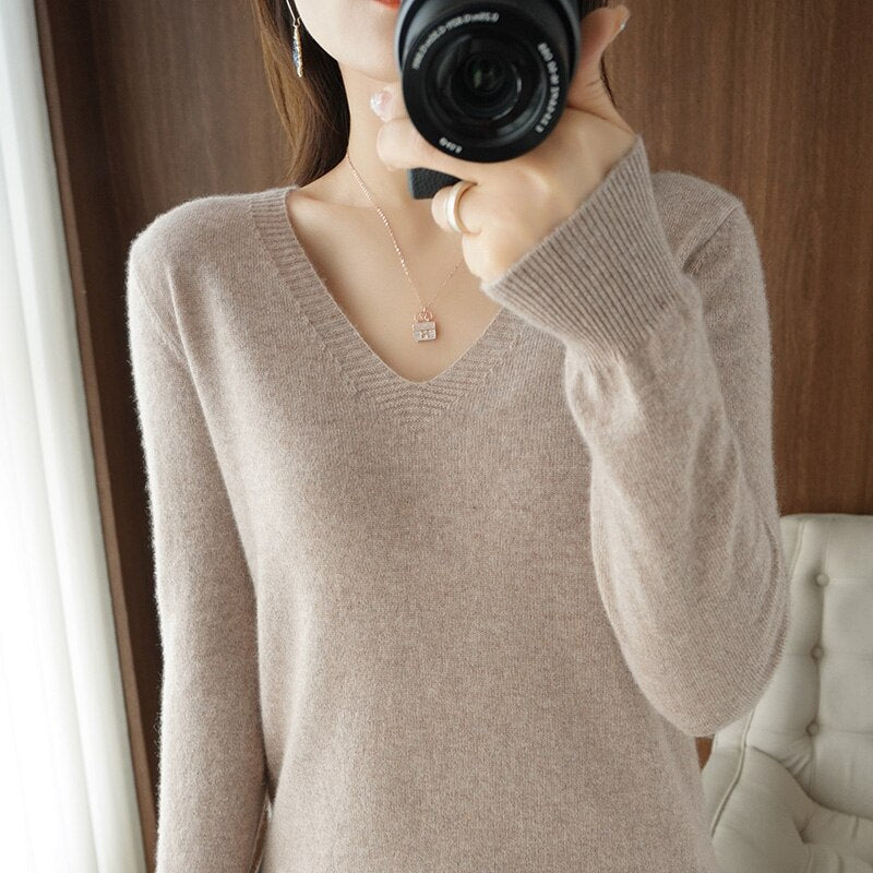 Levoire | Pull Chaud Pour Femmes - Col en V Brun Clair