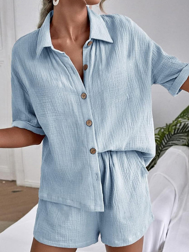 Levoire | Jours Ensoleillés Chemisier À Boutons Et Short Court Ensemble Bleu clair