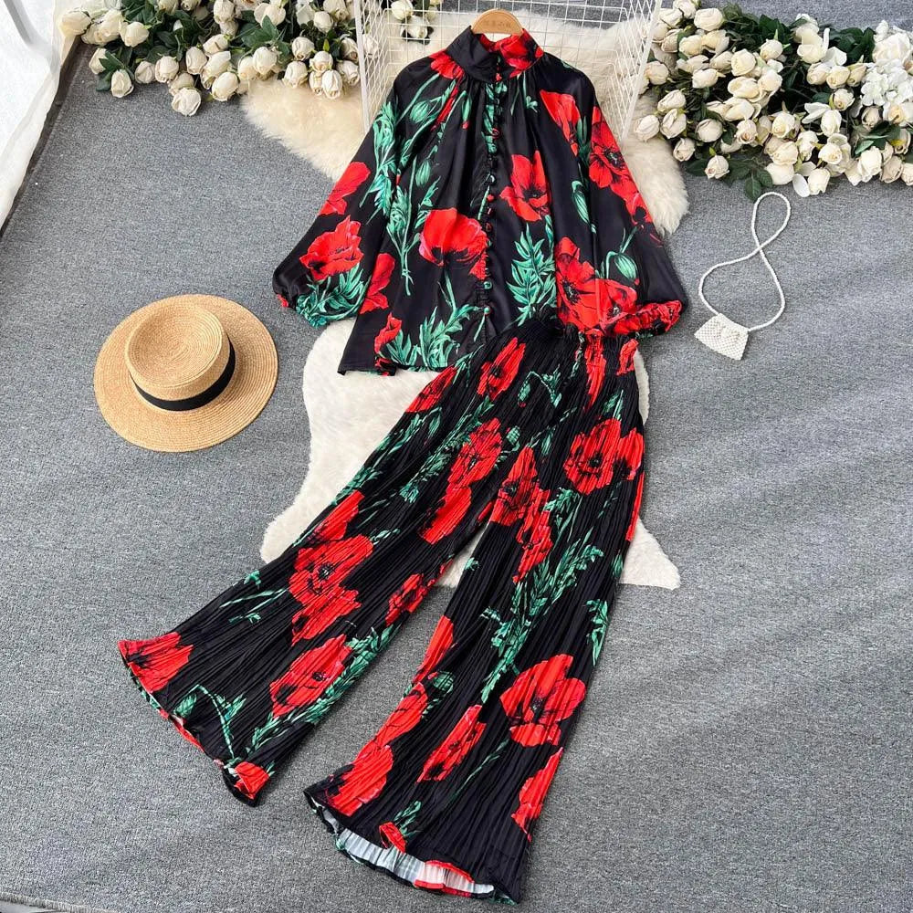 Levoire | Série de deux parties de pantalons larges et plissés pour femmes Fleur de safran noir Taille libre