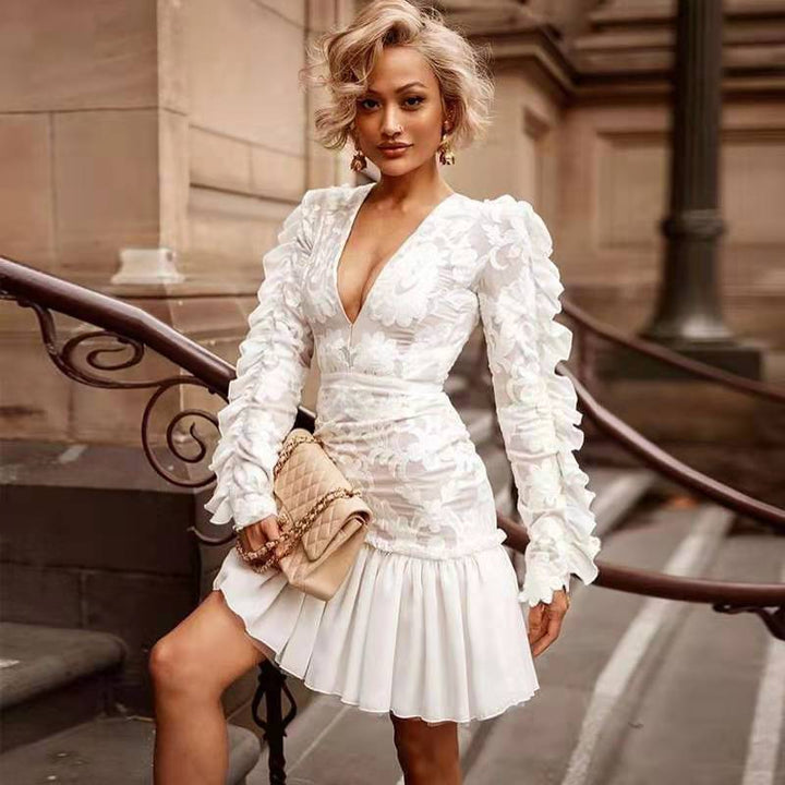 Levoire | Élégant Sexy imprimé en dentelle robe Blanc