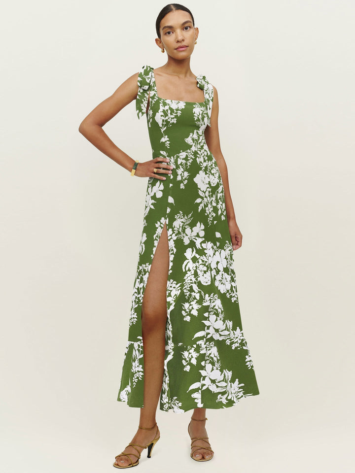 Levoire | Robe Française Longue Décolleté Droit Fentes Vert